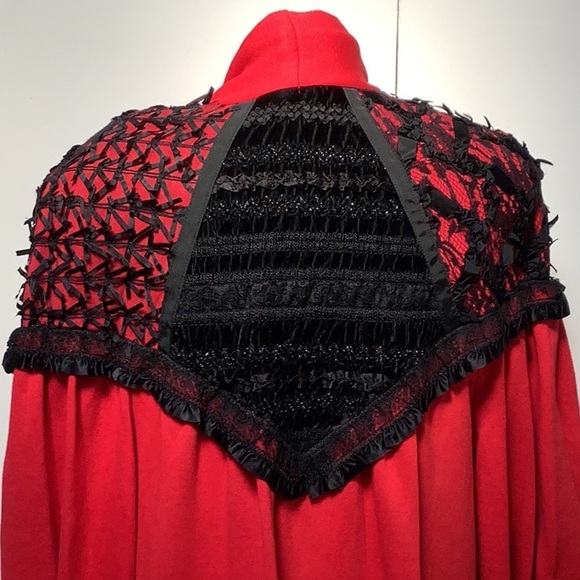 Vintage Sachi New York Long Red Black Lace Open Front Duster Robe Jacket O/S - Picture 6 of 11
